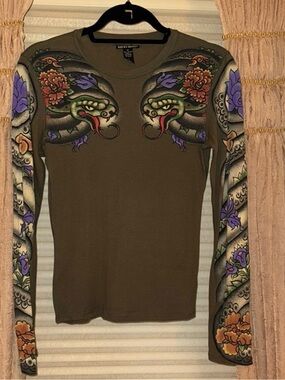 Lucky Brand Olive Green Dragon & Floral Tattoo-Print Long Sleeve Top